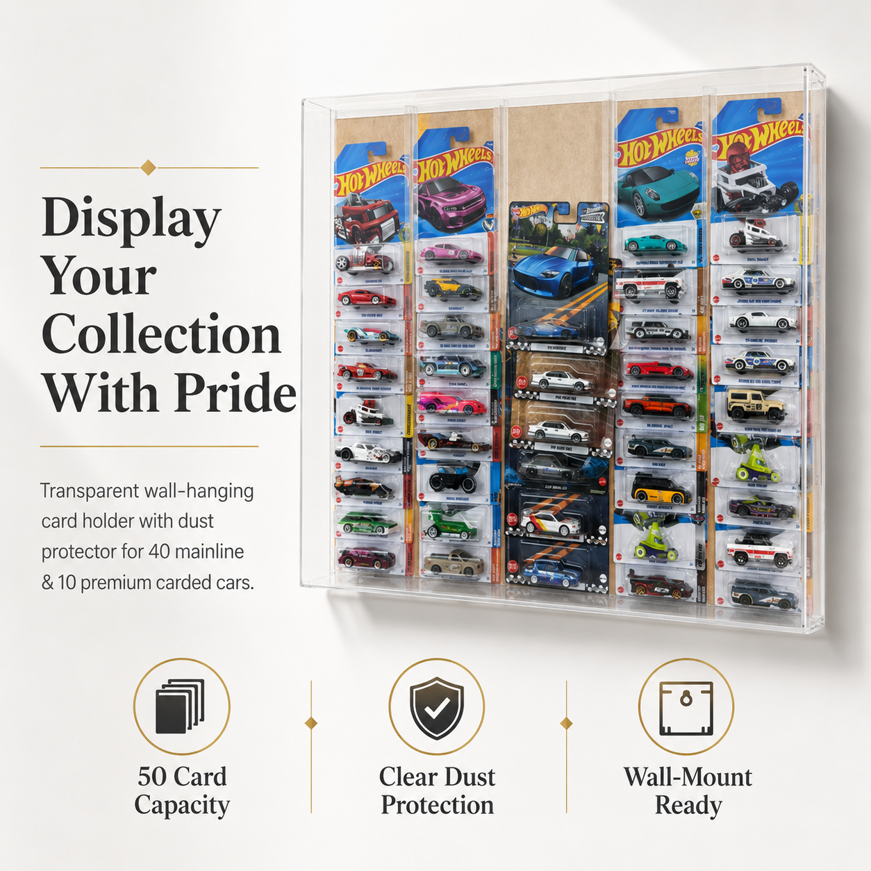 Wall Hanging Card Holder for 40 Mainline & 10 Premium Carded Hotwheels