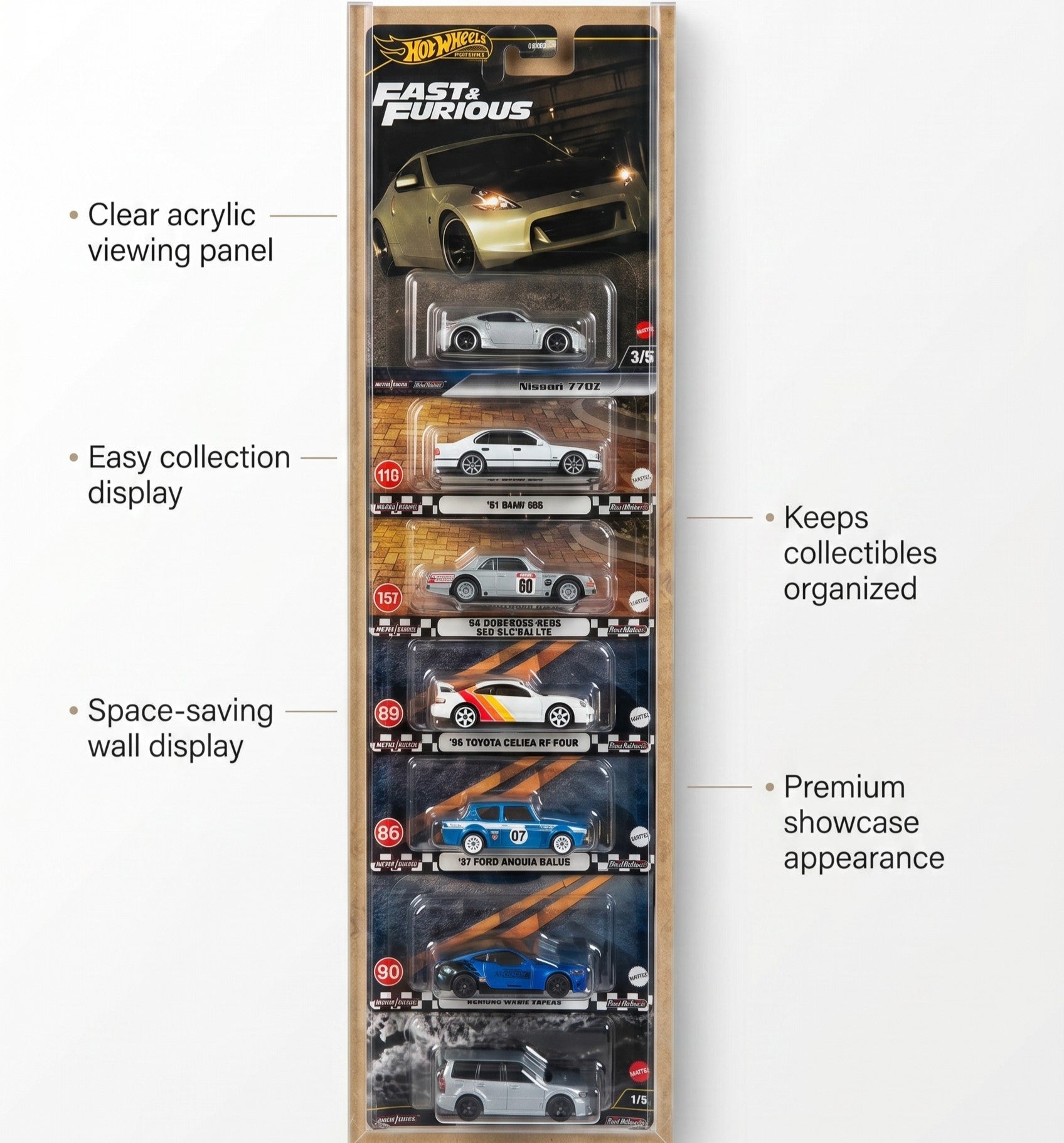 Wall Hanging Card Holder for 8 Mainline/Premium Carded Cars- Transparent