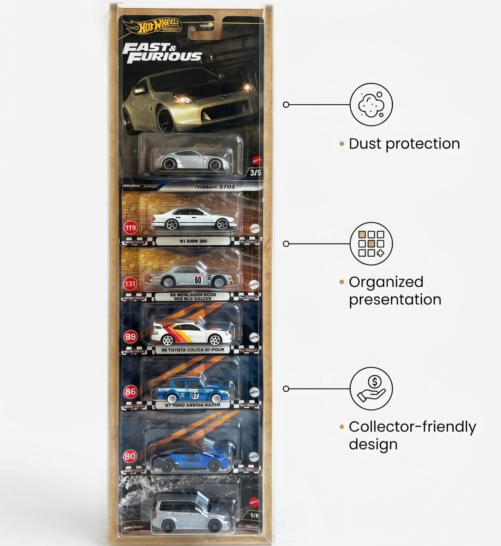 Wall Hanging Card Holder for 8 Mainline/Premium Carded Cars- Transparent