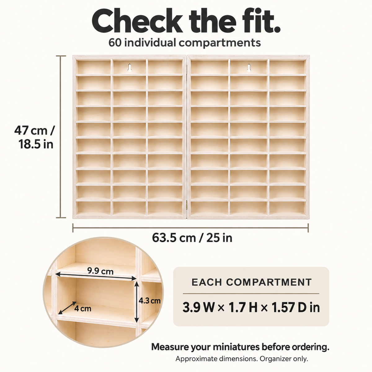 Open size 63.5 by 47 cm; compartments 9.9 cm wide by 4.3 cm high by 4 cm deep