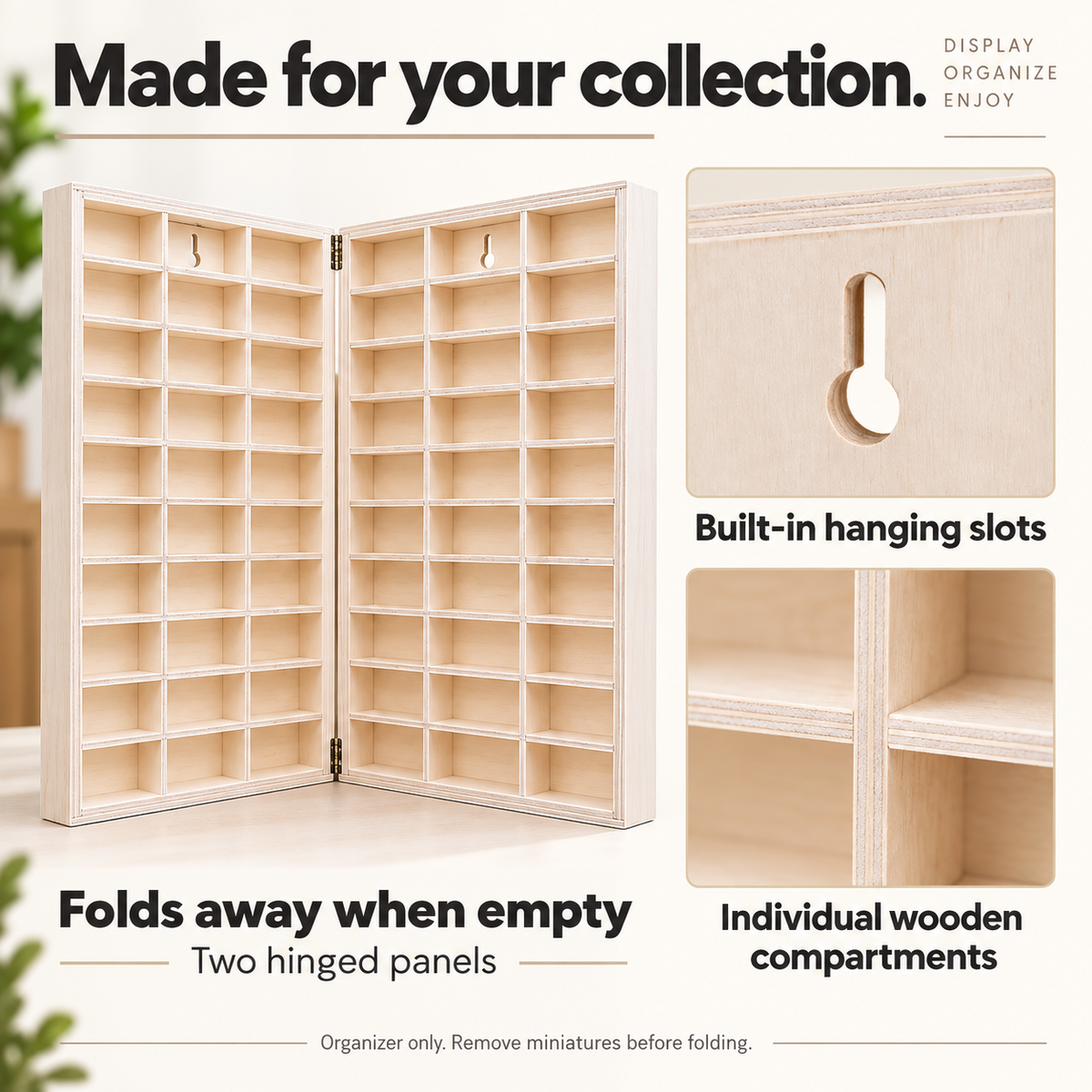 Two folding wooden panels with keyhole mounting slots and individual compartments