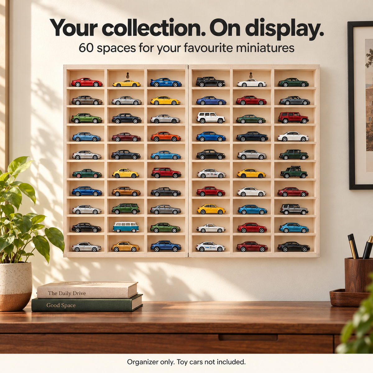 60-slot wooden organizer displaying miniature cars on a wall; cars not included