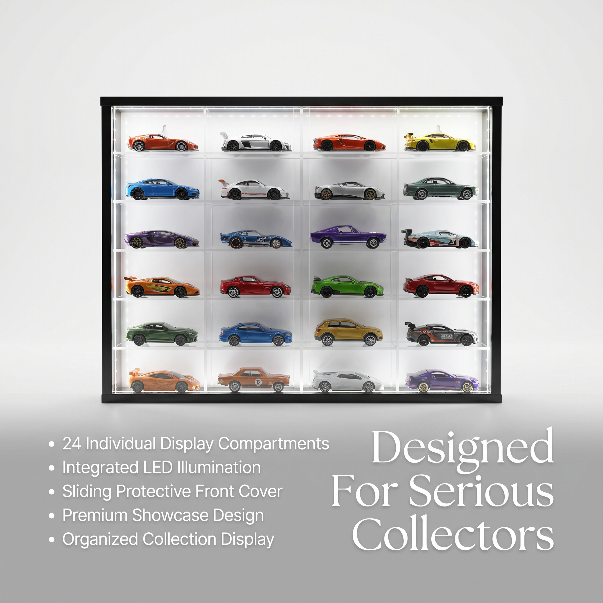 24 Compartments Display with Sliding Cover for 1:64 Scale Cars- LED