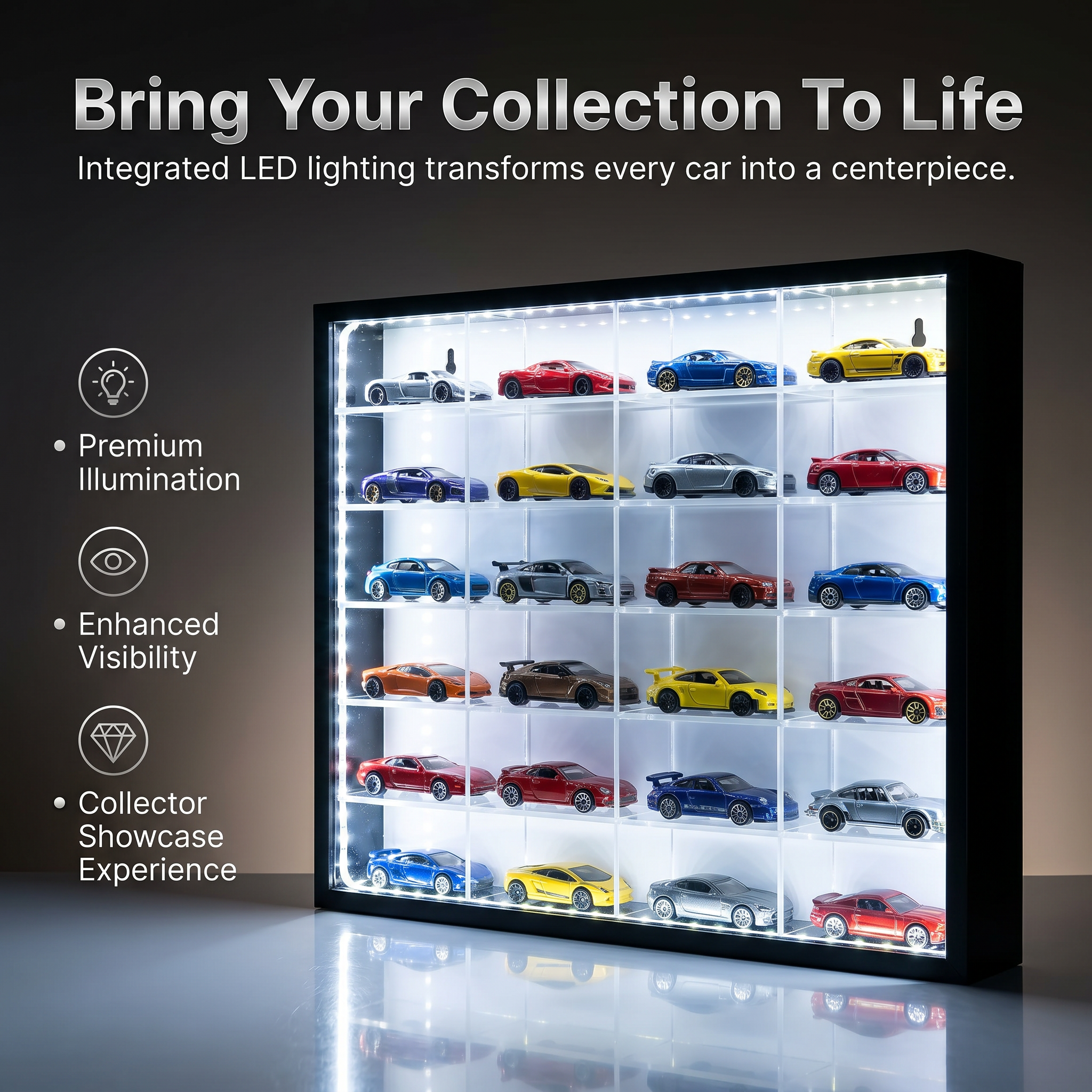 24 Compartments Display with Sliding Cover for 1:64 Scale Cars- LED