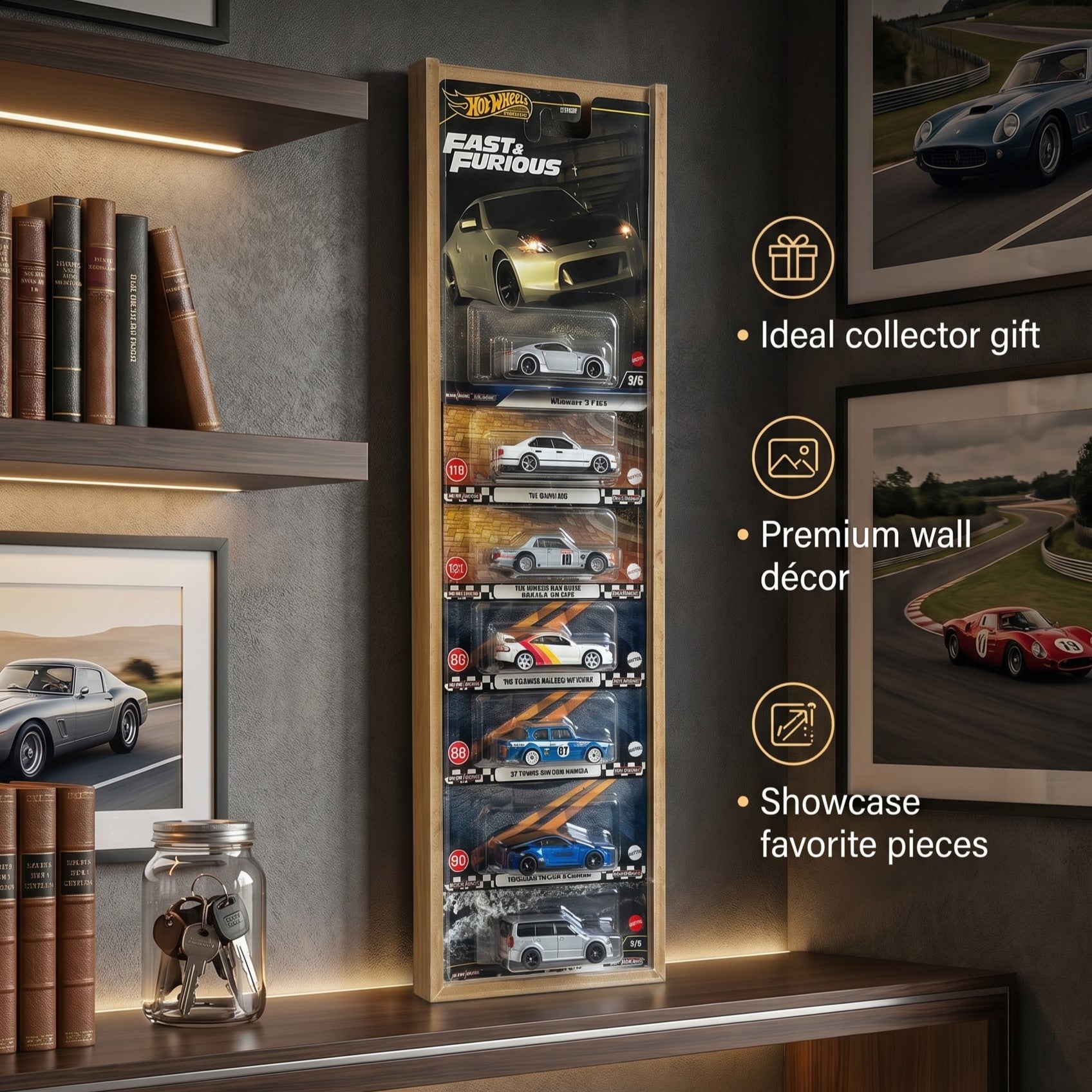 Wall Hanging Card Holder for 8 Mainline/Premium Carded Cars- Transparent